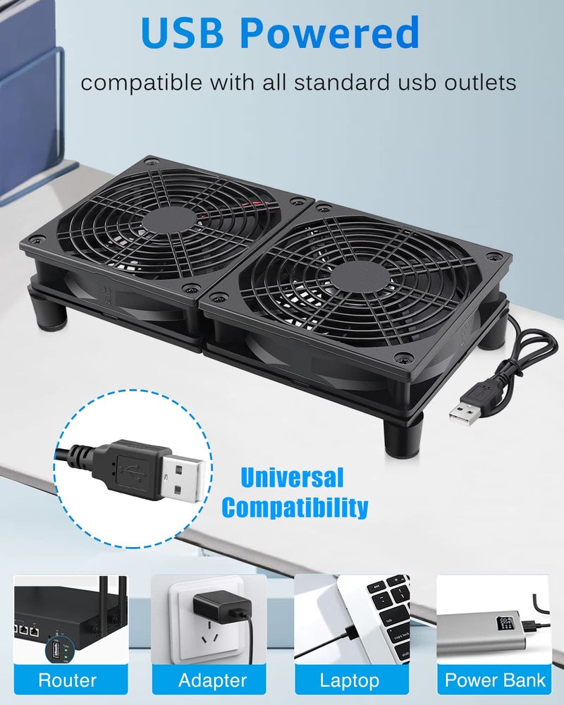 GDSTIME Quiet Router Fan Cooler with 3 Speed Control, L/M/H, DC 5V USB Powered Dual 120mm Computer Cooling Case Fan for Routers Modem Receiver DVR PlayStation TV Box - Image 4